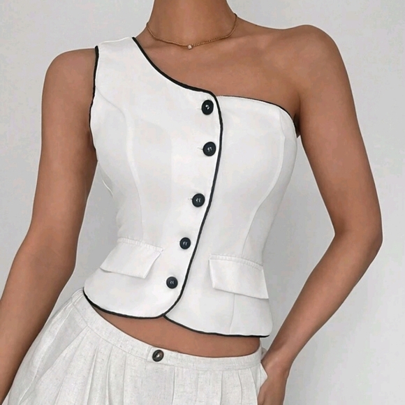 Contrast Color OneShoulder WhiteSuit Vest White One Shoulder Suit Vest Tank Top - Picture 1 of 5